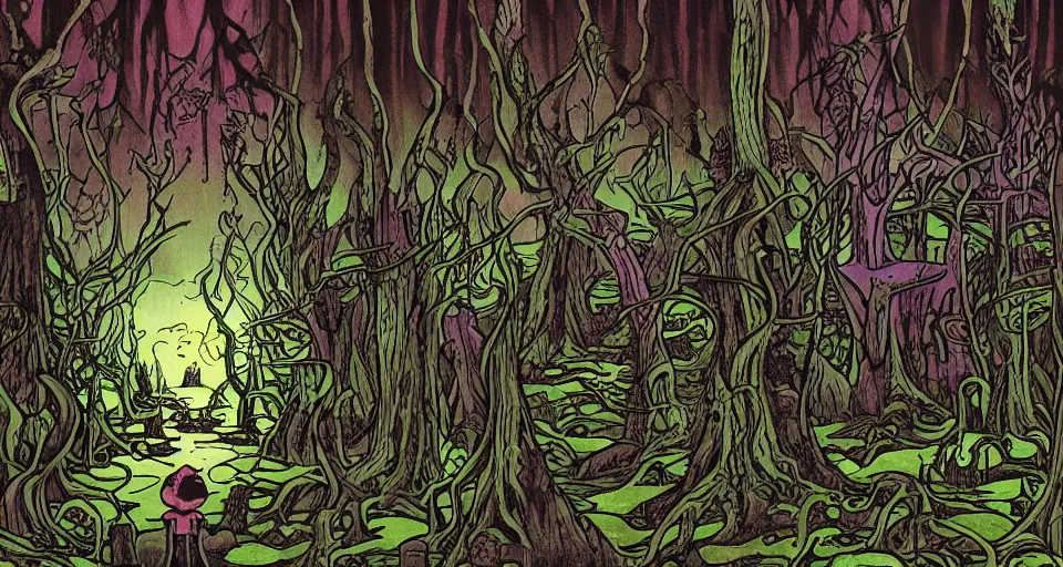 Prompt: A dense and dark enchanted forest with a swamp, by Jhonen Vasquez