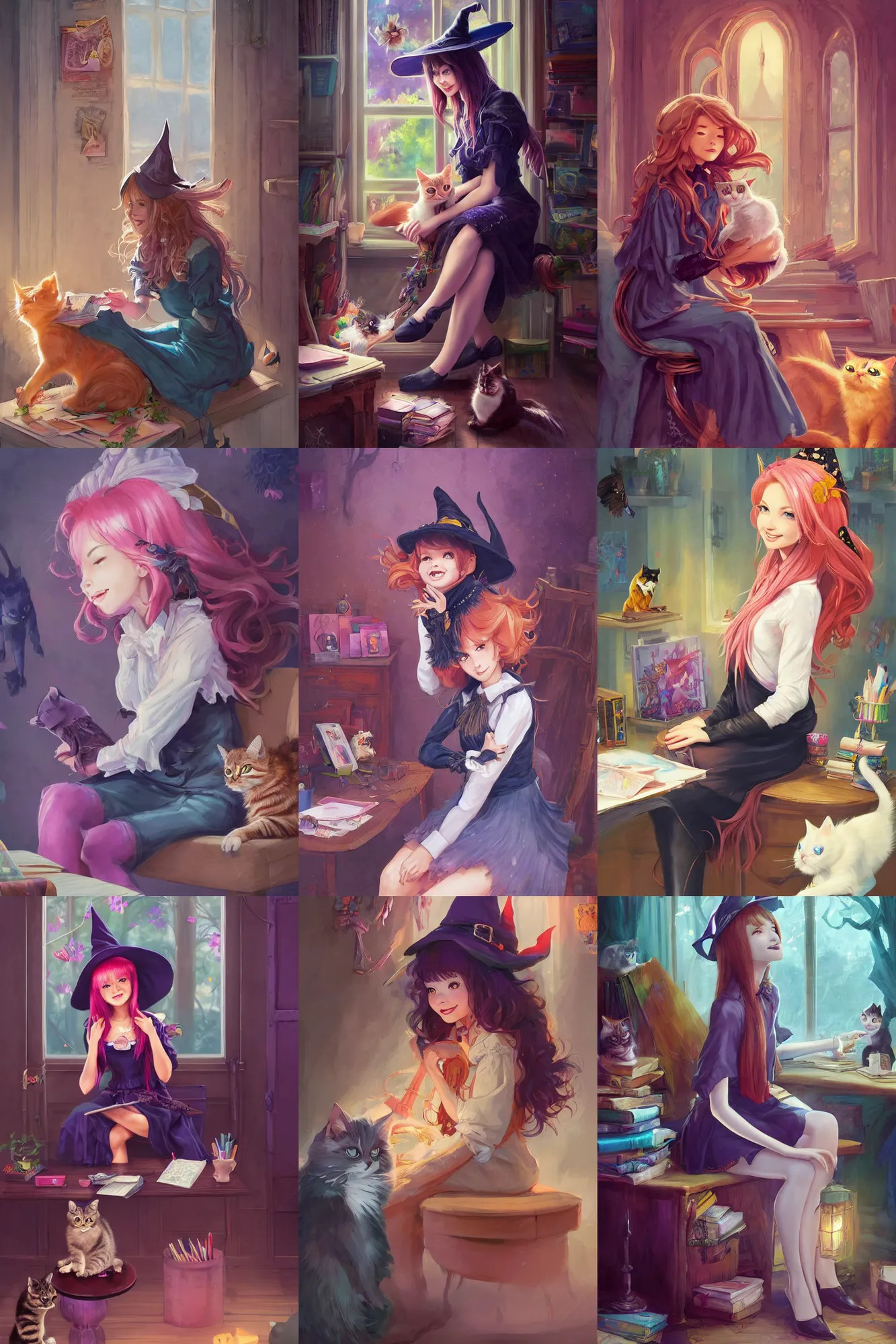 Prompt: a beautiful witch girl sitting in her office petting a cat in her lap | | cute - fine - subtle smile, colorful hair, face, pretty face, fine details by stanley artgerm lau, wlop, rossdraws, james jean, andrei riabovitchev, marc simonetti, and sakimichan, trending on artstation