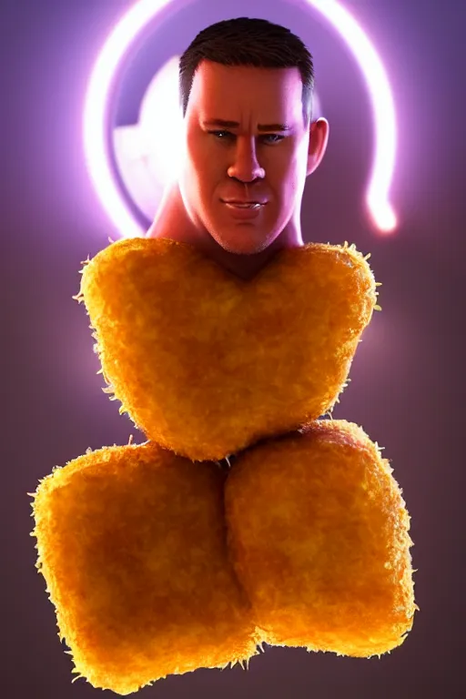 Image similar to channing tatum in a tater tot costume, tater tot face, ef 8 5 mm f 1. 8 usm, bionic scifi alexandre ferra, hyper detailed, digital art, trending in artstation, cinematic lighting, studio quality, smooth render, unreal engine 5 rendered, octane rendered