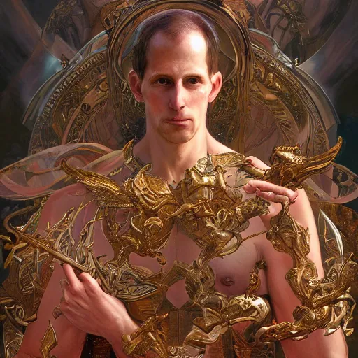 Image similar to portrait of nick bostrom as a heavenly god, full body, muscular, fantasy, intricate, elegant, highly detailed, digital painting, artstation, concept art, matte painting, sharp focus, illustration, art by artgerm and greg rutkowski and alphonse mucha