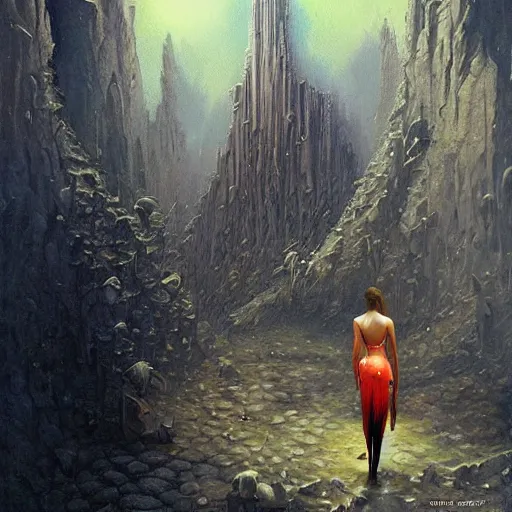 Image similar to fantasy painting with a woman in a surreal environment by Greg Rutkowski and Michael Whelan w 1024