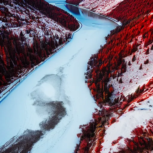 Image similar to an award - winning aereal photo of a red river, with a snowy white mountain and ice, drammatic lighting, drone, ƒ / 8, behance