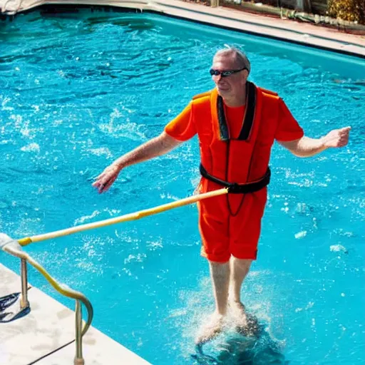 Prompt: admiral Nelson captains a raft in a swimming pool in Southern California,