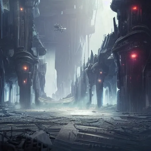 Image similar to abandoned sci-fi city volumetric mystical and dramatic realistic lighting, concept art, fantasy, matte painting, in the style of Greg Rutkowski and H.R. Giger and artemisia, highly detailed