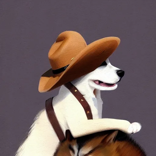 Image similar to tiny cat as a girl in cowboy hat riding on the back of a giant corgi by greg rutkowski