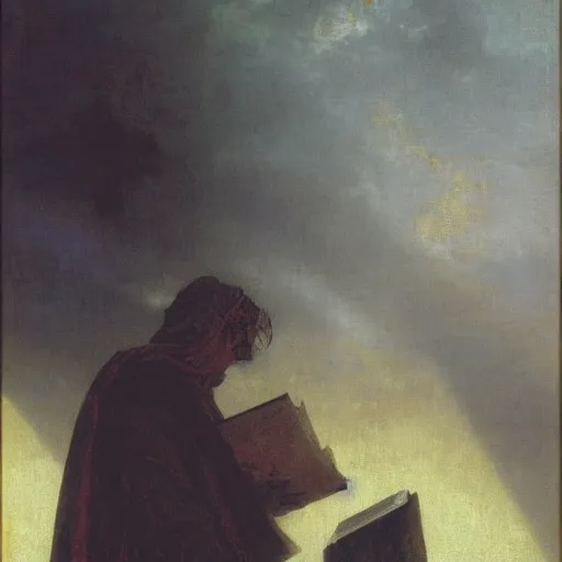 Image similar to half portait of magican wearing a cowl with big old book!, jeremy mann, jean leon gerome, tiepolo, alphonse mucha, greg rutkowski, face in the shadows, ( ( ruins of ancient rome ) ), at dusk, mysterious atmosphere, sunrays, dof, masterpiece, high detailed, 8 k