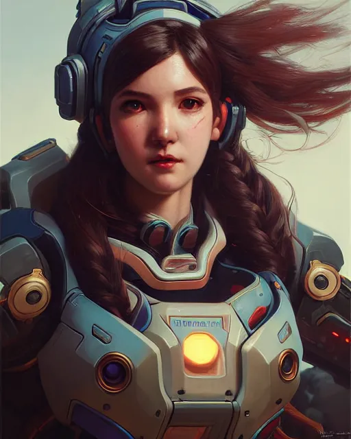 Image similar to d. va from overwatch, character portrait, portrait, close up, concept art, intricate details, highly detailed by greg rutkowski, michael whelan and gustave dore