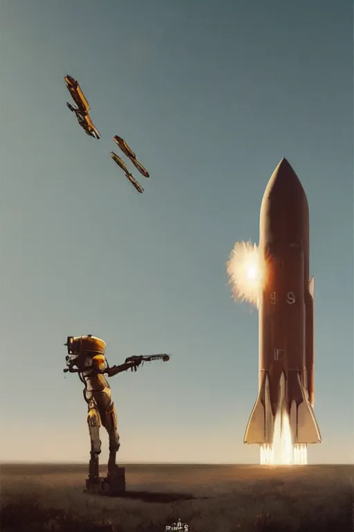 Image similar to poster artwork. distant rocket taking off. on the horizon. during golden hour. symmetry. washed out. desaturated. art by wlop, mars ravelo and greg rutkowski.