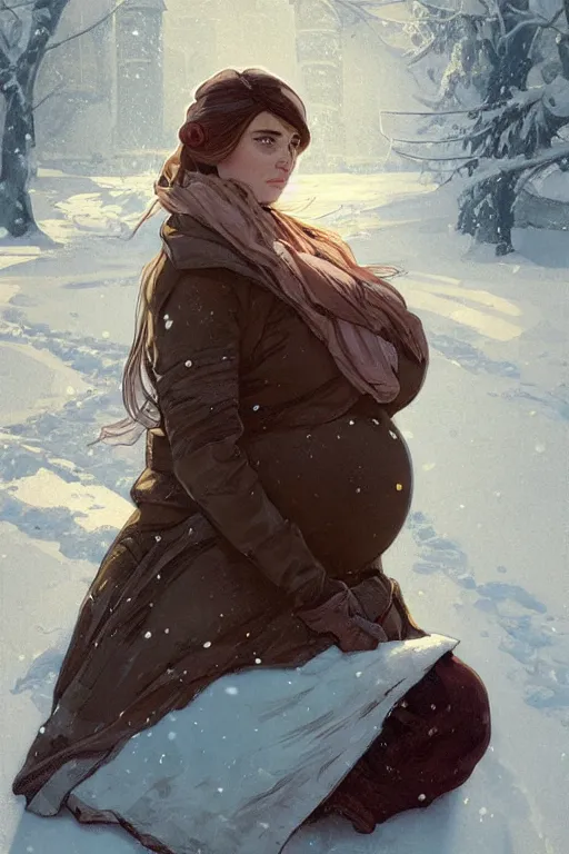 Image similar to portrait of a pregnant woman lies in the snow in the besieged Leningrad in winter, digital painting, artstation, concept art, smooth, sharp focus, illustration, art by artgerm and greg rutkowski and alphonse mucha