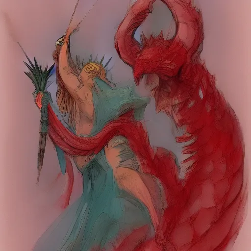 Image similar to Lady Gaga dressed as the Statue of Liberty sitting on a red dragon, illustration concept art in the style of Arthur Adams