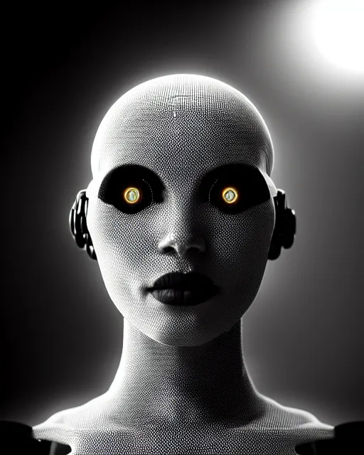 Image similar to black and white cyborg-plant goddess high quality photo, microchip, artificial intelligence, bio-mechanical bio-luminescence, black ivy, flies, neurons, nerve cells, octane render, cinematic, rim light, hyper realism, photo-realistic, high detail, 8k, in the style of Steven Meisel and Dora Maar and H.G. Giger