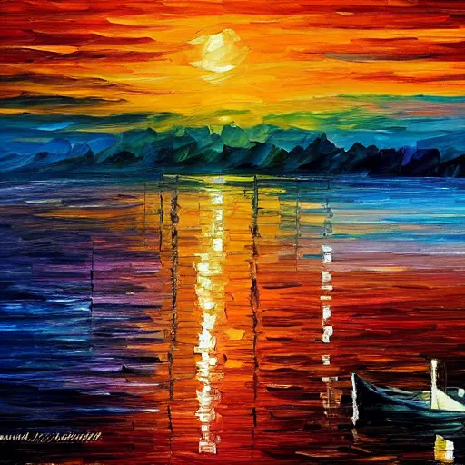 Prompt: sunset on the lake, by leonid afremov