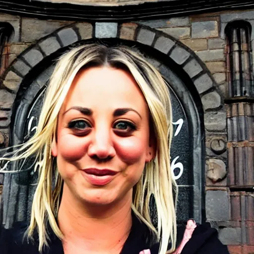 Image similar to A detailed photo of Kaley Cuoco under the Eastgate clock in Chester. Behind her we see a black panther