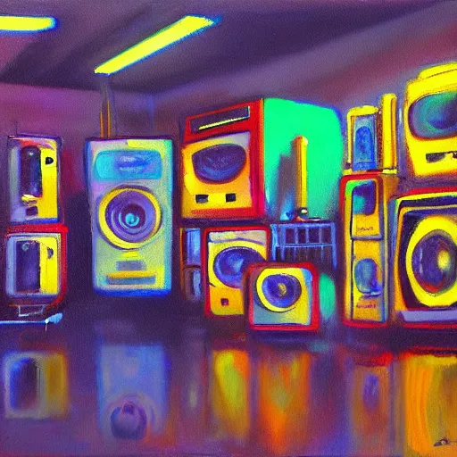 Prompt: array of crt televisions, tv static, antenna, stacked, polaroid, steroids, adult video store, impressionist painting, painting, oil painting, cell shaded, fuzzy