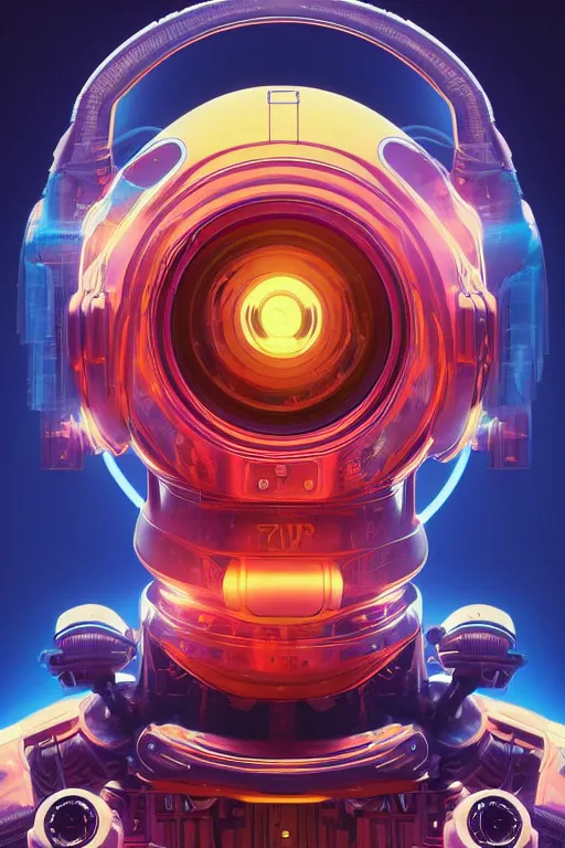 Image similar to ultradetailed retro-futurist illustration of an ornate robot radiating glowing color, digital airbrush painting, 3d rim light, hyperrealistic masterpiece, artstation, cgsociety, golden ratio