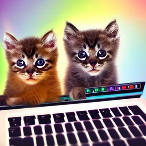 Image similar to hyper realistic photograph of cute fluffy kittens in a keyboard using a laptop with colorful emoticons floating in the air