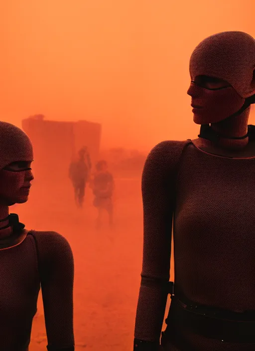 Image similar to cinestill 5 0 d photographic portrait by steve mccurry of two loving female androids wearing rugged black mesh techwear in a brutalist compound with a red sky, extreme closeup, cyberpunk style, dust storm, 8 k, hd, high resolution, 3 5 mm, f / 3 2, ultra realistic faces, ex machina