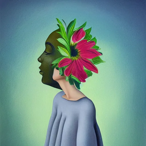 Image similar to huge flower as head, woman standing in a field, surreal, flat light, painting, digital painting, artstation, georgia o'keeffe