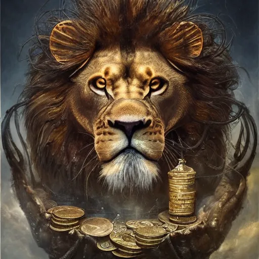 Image similar to a beautiful detailed 3 d matte portrait of a alchemist lion, by ellen jewett, by tomasz alen kopera, by justin gerard, ominous, magical realism, texture, intricate, skull, skeleton, gold coins, money, whirling smoke, alchemist bottles, radiant colors, fantasy, volumetric lighting, high details