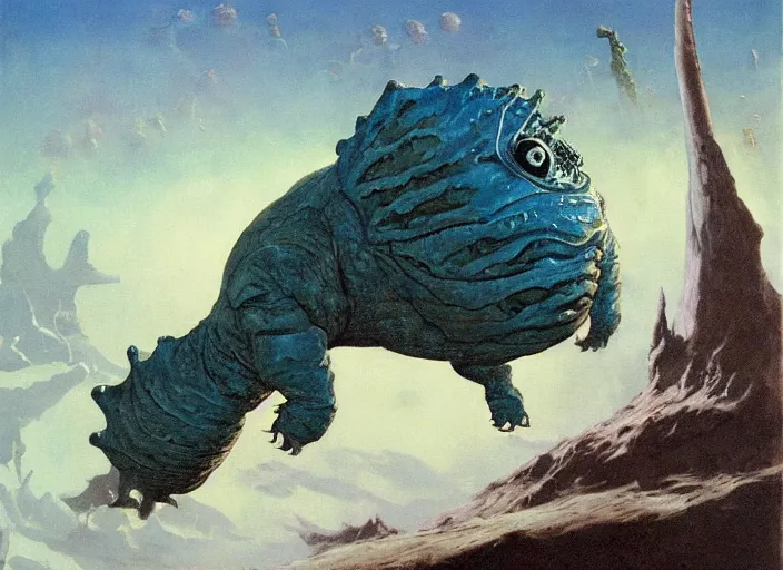 Prompt: realistic painting of a tardigrade kaiju, walking wide angle, by frank frazetta, by georgia o keeffe, by amano, slimy, reflective, scales,, big globule eye, godzilla, vintage poster retro,, oil painting, tonalism, fantasy, crispy, dune, cinematic, japanese art, tonalism