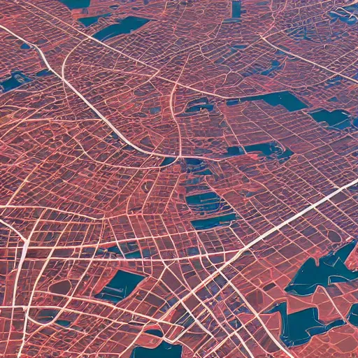 Prompt: hyperrealistic landsat image of a cityscape in an organic shape, detailed, 4k, vector, award winning, dark red colors