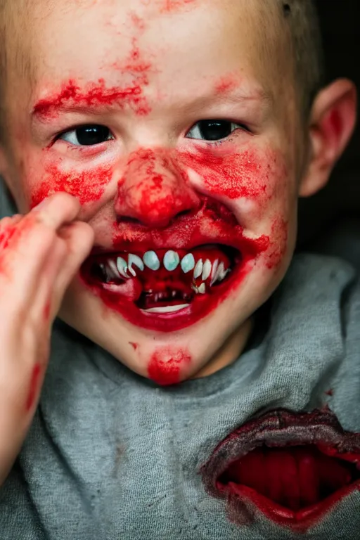 Prompt: A child full of teeth sprouting randomly all over his body except in his rotting mouth, within a room with 3 red windows