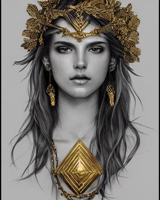 Image similar to front view of beautiful aphrodite greek goddess wearing a gold laurel wreath and triangle earrings, realism tattoo sketch, beautiful piercing eyes with sharp pupils, beautiful blonde hair, in the style of greg rutkowski, fantasy, amazing detail, epic, elegant, smooth, sharp focus