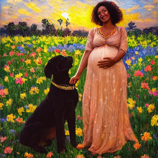 Image similar to egyptian man with long curly hair in a field of flowers, alongside a pregnant black woman with curly hair, with a small black puppy in the middle, golden hour, vintage, impressionist painting, fine art, oil painting, dreamy, pastel, laughing, happy, intricate details, sharp, peaceful, serene