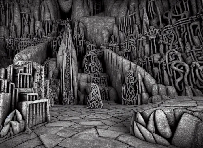 Image similar to the mines of moria. dwarven architecture carved out of the interior of a mountain. light from rivers of molten iron. immense open cavern with many levels of walkways spanning the void, stairs. drums in the deep. kingdom of dwarves. statues, geometric knot carvings, squared basalt support columns, photorealistic, 8 k, octane render