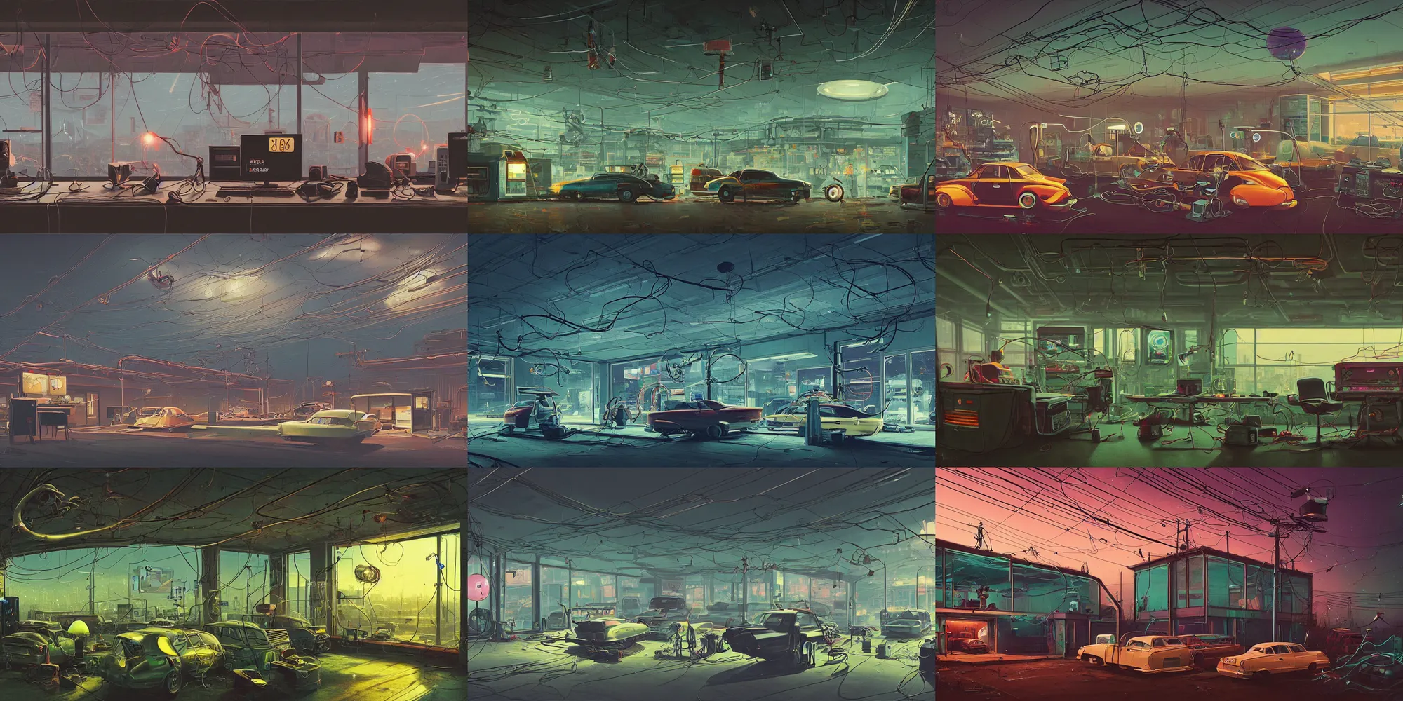 Prompt: car shop, retrofuturism, cluttered, wires everywhere, computer, window, at night, lit only by the luminescent computer screen, dramatic lighting, alien technology, detailed by simon stalenhag