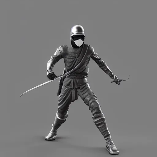 Image similar to focused 3 d rendering of marble and chrome statue of ninja wearing full face mask and hunter hat, no pose, combat suit, technological, octane render