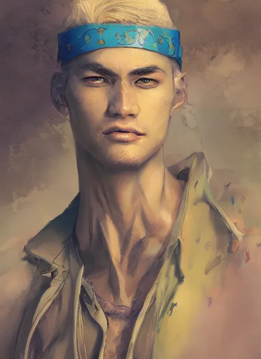 Prompt: a portrait of a male character who has two snake nostrils in a scenic environment by Ross Tran and by Jesper Ejsing and by Mikalojus Konstantinas Ciurlionis