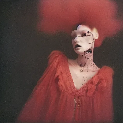 Prompt: kodak portra 4 0 0, wetplate, photo of a surreal artsy dream scene,, weird fashion, ultra - realistic face, expressive eyes, grotesque, extravagant dress, carneval, animal, wtf, photographed by paolo roversi style