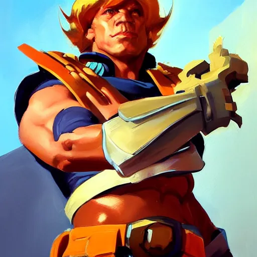 Image similar to greg manchess portrait painting of he - man as overwatch character, medium shot, asymmetrical, profile picture, organic painting, sunny day, matte painting, bold shapes, hard edges, street art, trending on artstation, by huang guangjian and gil elvgren and sachin teng