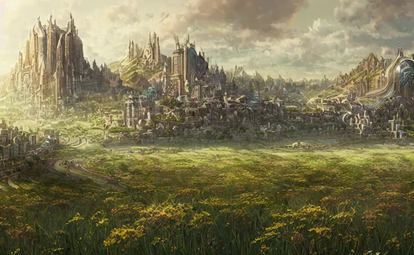 Prompt: an ancient cylindrical multitiered city rising from a rolling grassland and fields, fantasy digital painting, stunning intricate details, artwork by ross tran, artgerm