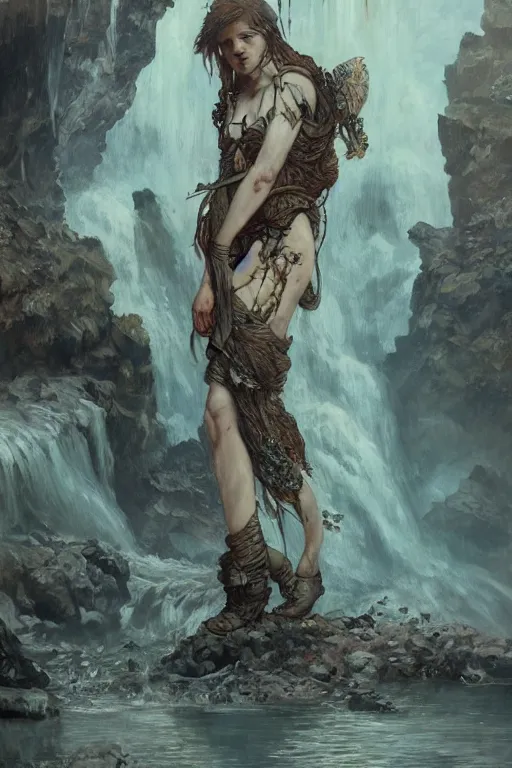 Image similar to a full body portrait of a beautiful post apocalyptic offworld neoicelandic biofarmer swimming by the waterfalls, intricate, elegant, highly detailed, digital painting, artstation, concept art, smooth, sharp focus, illustration, art by krenz cushart and artem demura and alphonse mucha