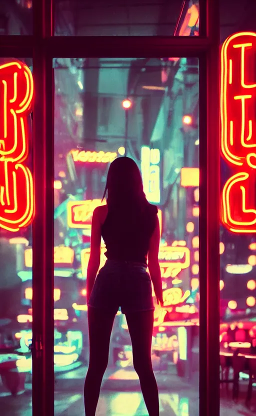 Image similar to vertical movie frame portrait of girl in 5 0's retro restaurant interior, neon - decorated urban on night in the city seen through the window, modern interior design, architectural design, vintage, night blade runner, dark, postapocalyptic, clean lines, 4 k, octane, asian futuristic city at distance, big windows, octane, wide angle