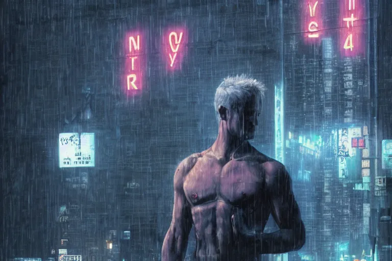 Image similar to roy batty with a bare torso sits in the lotus position with his head bowed in the rain on the roof of a building in the cyberpunk future, around neon signs, a little haze, night, realistic proportions, anime style ghost in armor