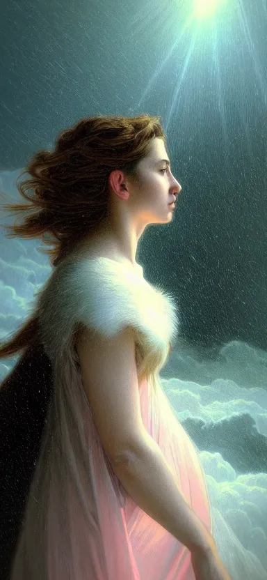 Image similar to angel, big wings, hudson river school, low key light, full plate armor with cloth, f 1 6, bokeh, extreme close up portrait, gentle, female, snowy mountain, storm clouds, god rays, landscape, d & d, fantasy, elegant, teal pink white gold color palette, concept art, artgerm and greg rutkowski and alphonse mucha