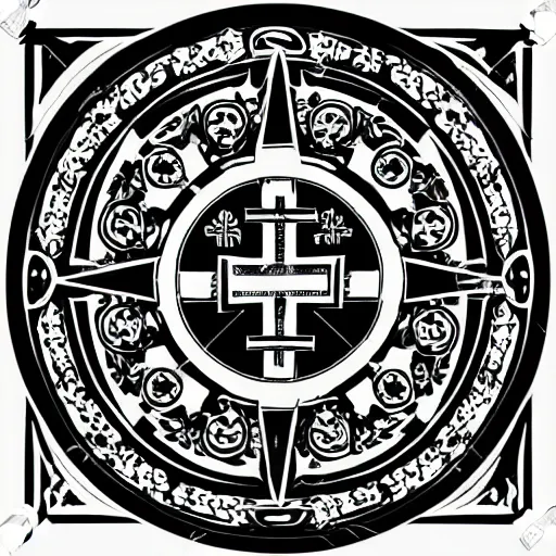 Prompt: graphic vector design of ancient christian trinity catholic seal, black and white, san benito, old testament medallion, circular, ornate, intricate,