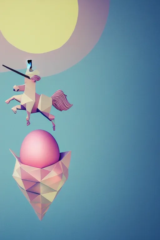 Image similar to geometric 3 d render, soft bright pastel, egg riding unicorn in the middle, mountains surrounding, rule of thirds