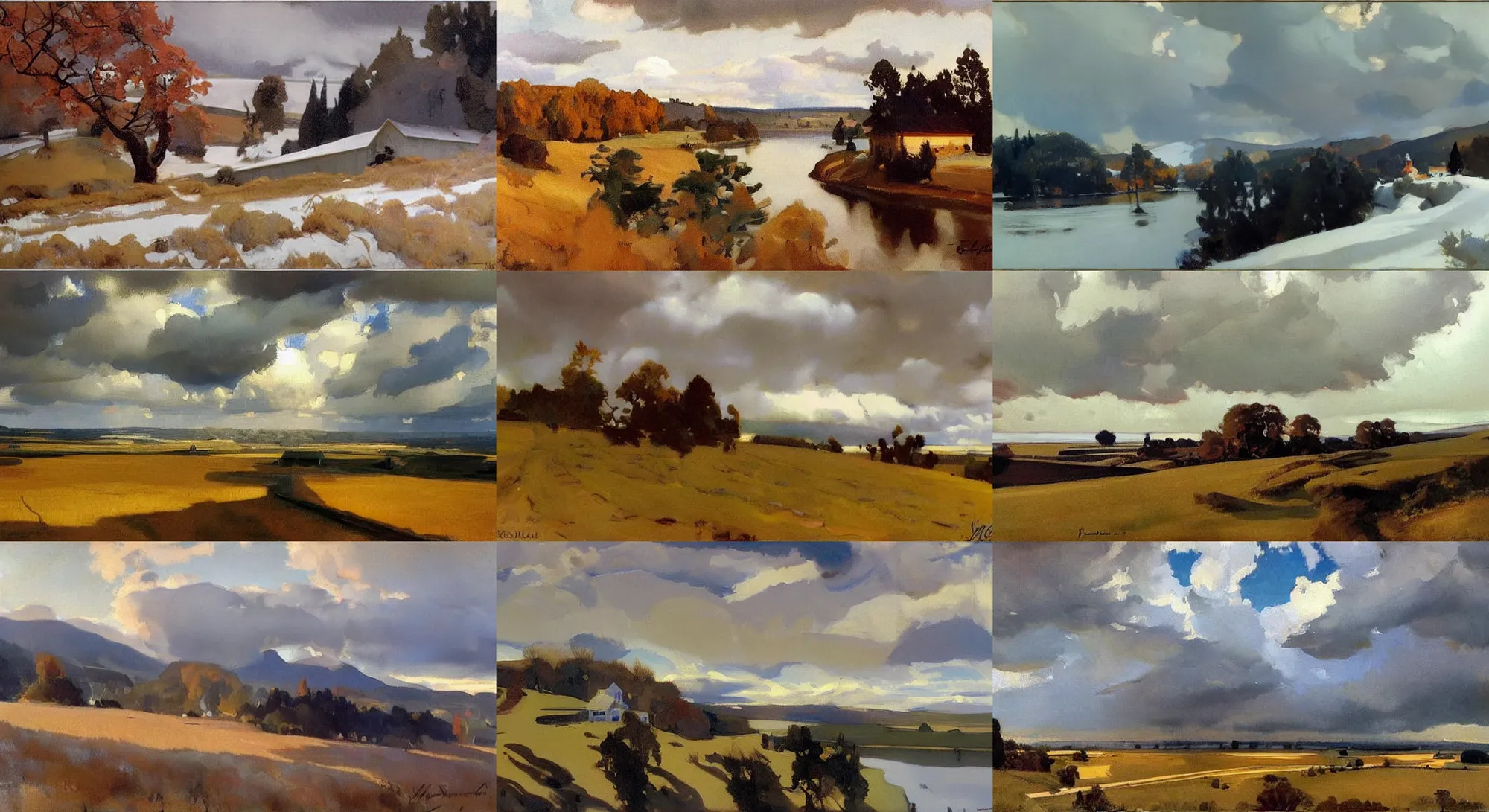 Prompt: painting by sargent and leyendecker and greg hildebrandt savrasov levitan late autumn winter epic sky overcast, grey dark day low thunder clouds foothpath at, wide river and lake, horizon tiny old house on top of hill view from above