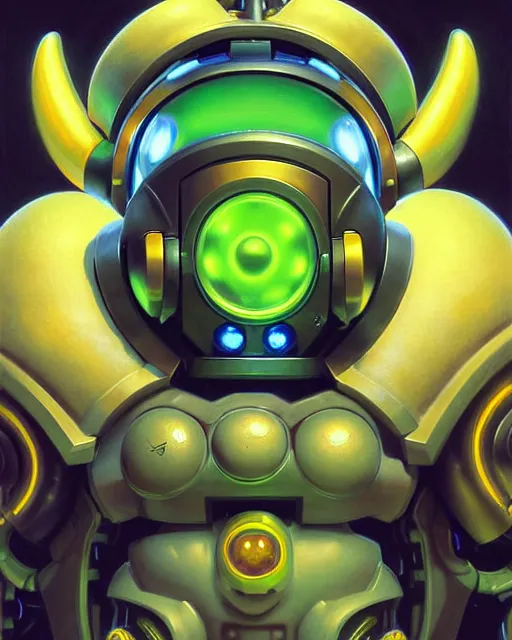 Prompt: orisa from overwatch, ram horns, happy robot, smiling, character portrait, portrait, close up, highly detailed, intricate detail, amazing detail, sharp focus, vintage fantasy art, vintage sci - fi art, radiant light, caustics, by boris vallejo