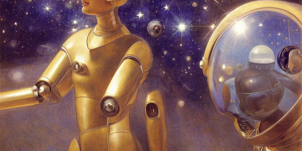 Image similar to portrait of a beautiful chrome female robot wearing a space helmet, reflections, mirroring, stars in space, rich clouds, warm azure tones, heavy lensflare, color bleed, film grain, depth of field, jules bastien - lepage, rudolph belarski, johfra bosschart, alexandre cabanel