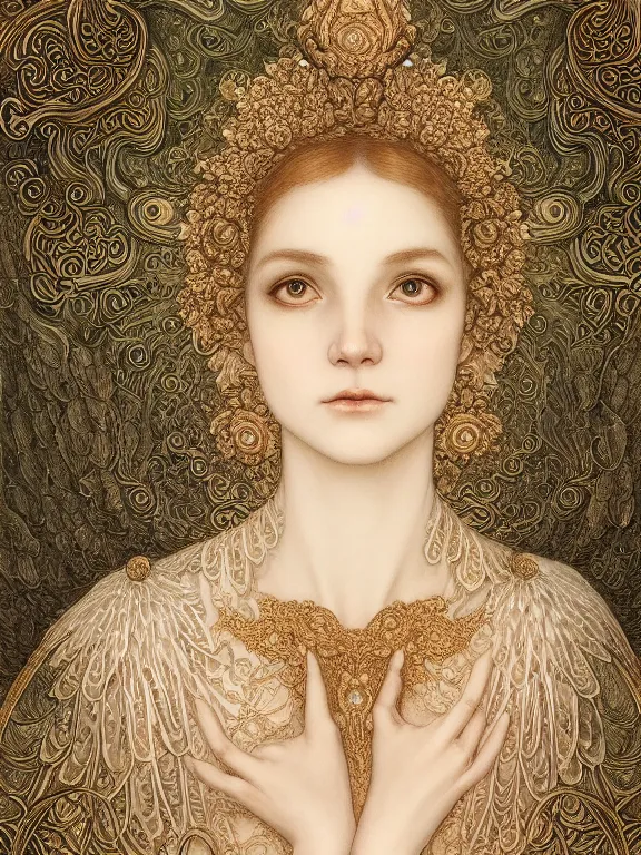 Image similar to Gustave dore beautiful maiden ivory mask intricate ornate wings fractal-lace iridescent gemstone wearing ivory rococo dress, ivory gold, iridescent highlights, full view, soft lighting, vivid, Hyperdetailed, 4k hd matte painting by Artgerm, Kelly McKernan, Marc Simonetti, Mucha, Klimt, Moebius, James Jean, 8k resolution, enchanting and otherworldly, Artstation, CGsociety, detailed, front view