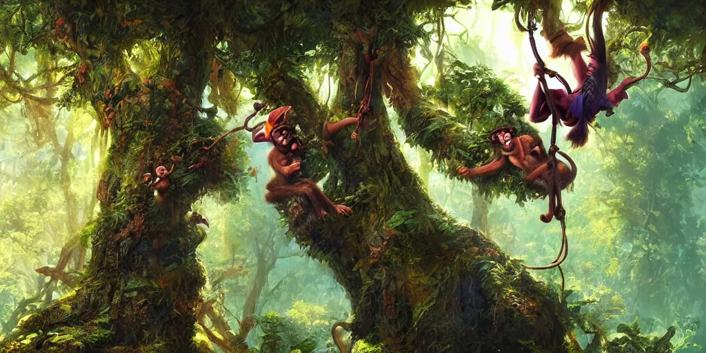 Prompt: monkey swinging from a tree in the forest, magical energies emanating from it, wide angle, fantasy art, matte painting, sharp focus, vibrant colors, high contrast, illustration, art by justin gerard