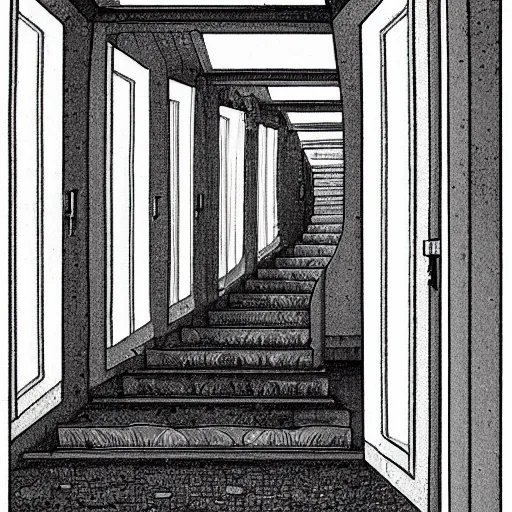 Prompt: a bright white hallway with many doors and stairs full of fungus and mushrooms and rot, Mc Escher architecture, decay, by Junji Ito