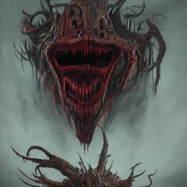 Image similar to concept art of a demonic devil with mismatched animal features with her bloody toothy mouth open wide reavealing past victeams in the style of zdzisław beksinski in the style of h. r. giger trending on artstation deviantart pinterest furaffinity detailed realistic hd 8 k high resolution