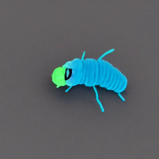 Image similar to studio photograph of a matte gray catterpillar with a neon blue head