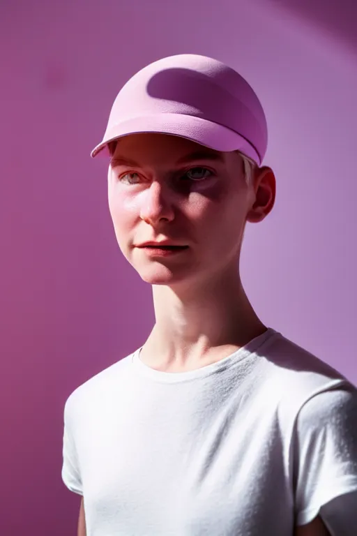 Prompt: a high definition film photograph of a normal androgynous robot human wearing a plain white t - shirt, in a pastel pink room. happy. visor that is metallic covering eyes. crushed shadows.
